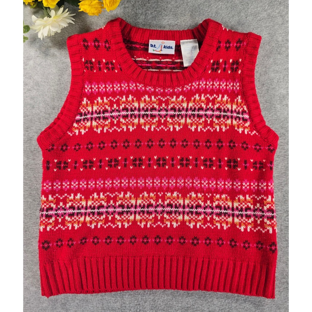 BT Kids Red Fair Isle Knit Sweater Vest Size 5 Vintage Geometric Sleeveless